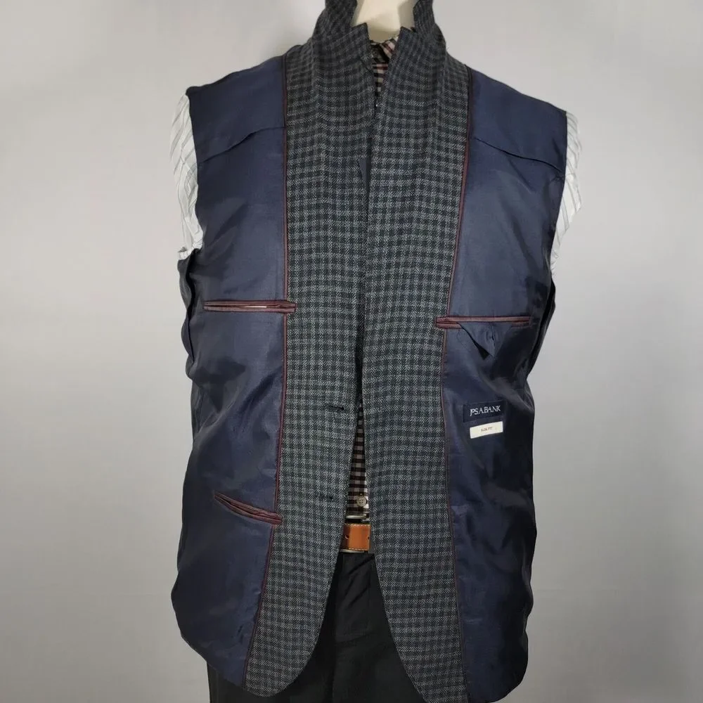 JOS A BANK Men's Sport Coat Two‎ Button Gray Black Check Wool Blend Slim Fit 46R